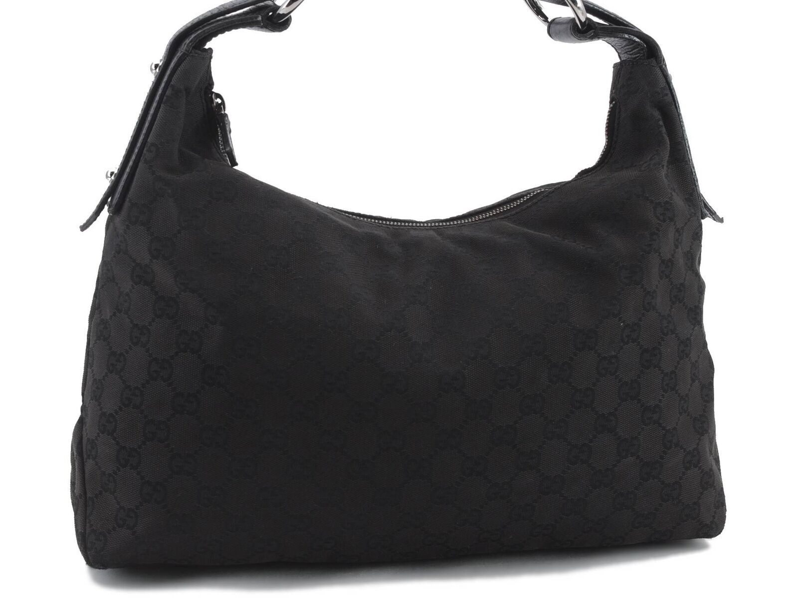Authentic GUCCI Horsebit Shoulder Bag Purse GG Canvas Leather 115867 Black 2489C