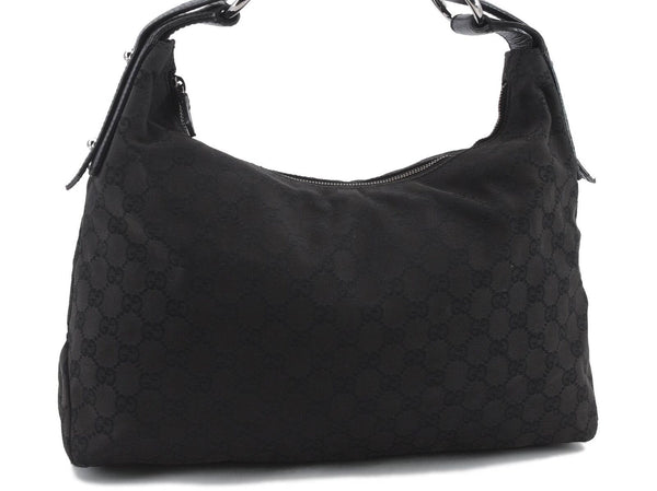 Authentic GUCCI Horsebit Shoulder Bag Purse GG Canvas Leather 115867 Black 2489C