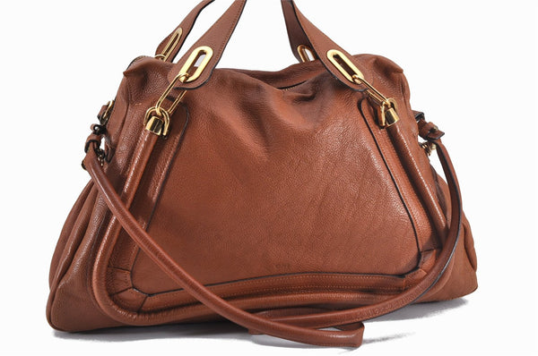 Authentic Chloe Paraty 2Way Shoulder Hand Bag Leather Brown 2489F