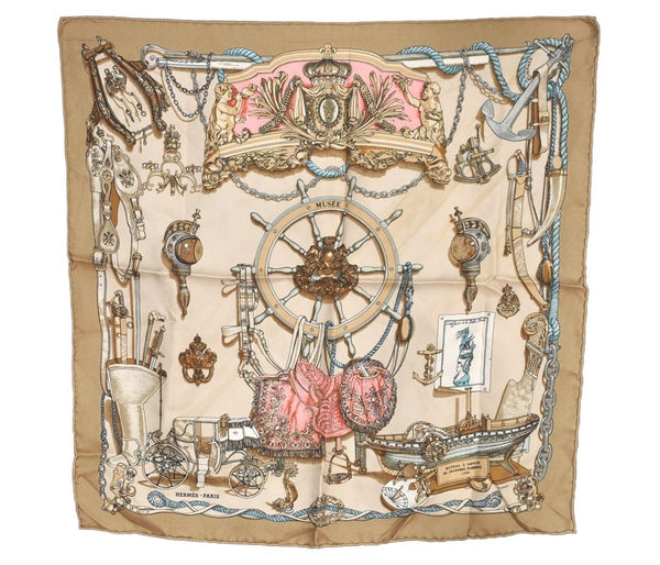 Authentic HERMES Petit Carre 40 Scarf Handkerchief "MUSEE" Silk Beige 2490I