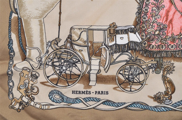 Authentic HERMES Petit Carre 40 Scarf Handkerchief "MUSEE" Silk Beige 2490I