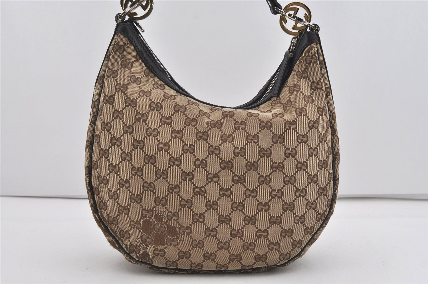 Authentic GUCCI Twins Shoulder Bag GG Canvas Leather 232962 Brown Junk 2492I