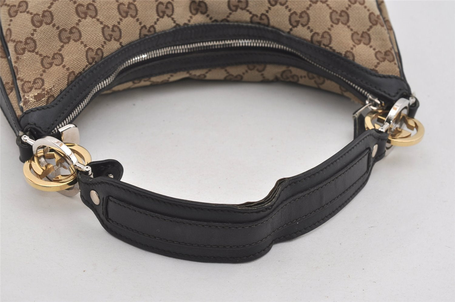 Authentic GUCCI Twins Shoulder Bag GG Canvas Leather 232962 Brown Junk 2492I