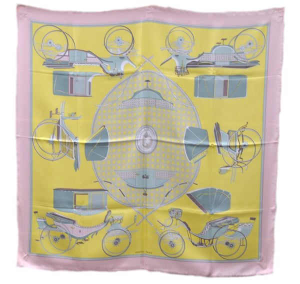 Auth HERMES Carre 90 Scarf "LES VOITURES A TRANSFORMATION" Silk Pink Box 2500C