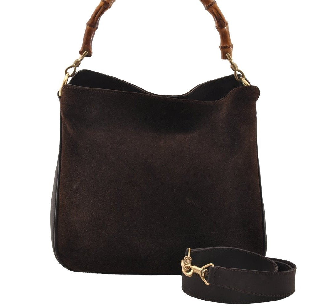Authentic GUCCI Bamboo 2Way Shoulder Hand Bag Purse Suede Leather Brown 2508I