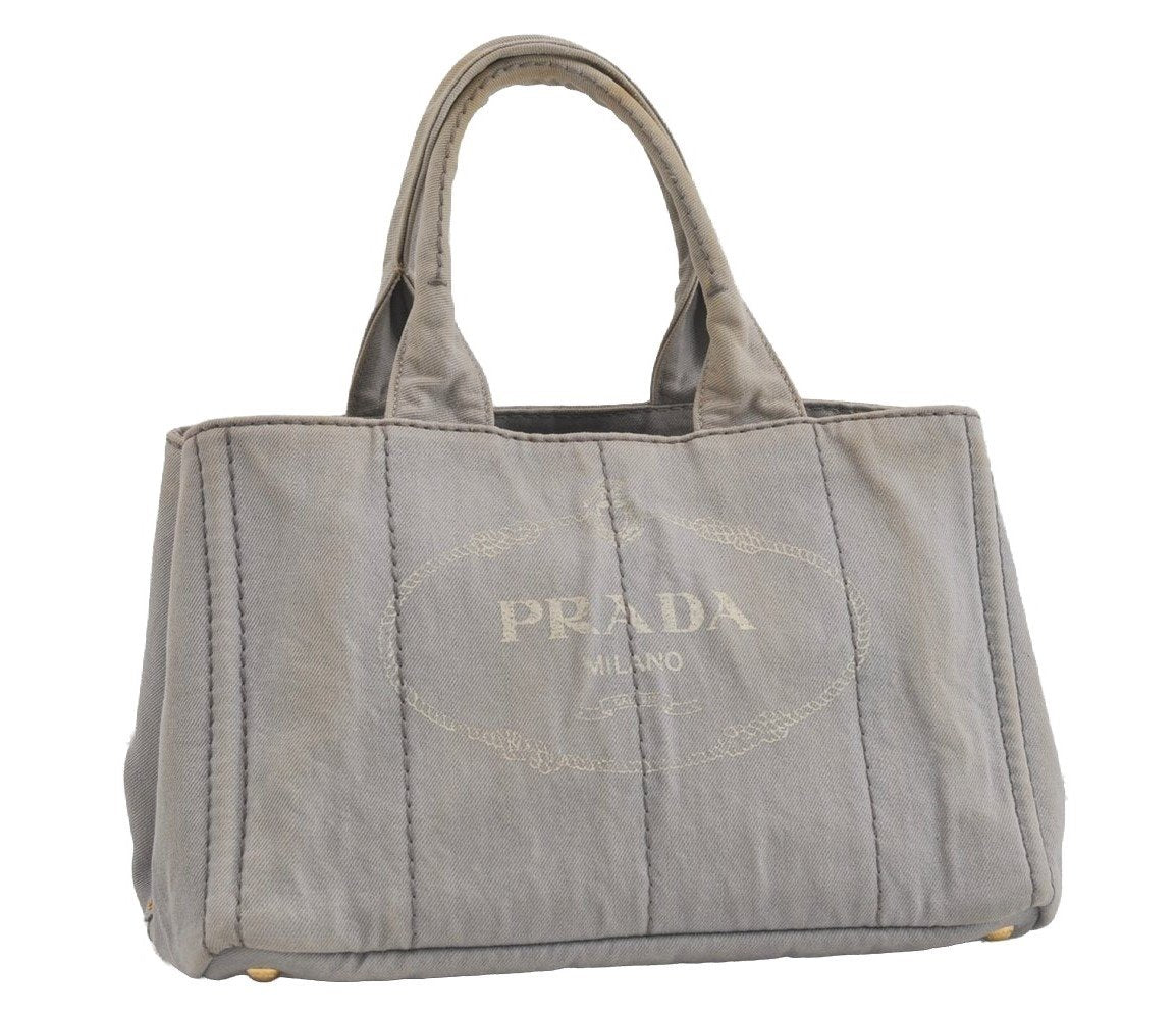 Authentic PRADA Canapa M Vintage Denim Tote Hand Bag Light Gray 2522I
