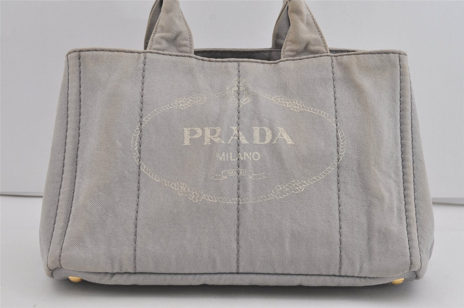 Authentic PRADA Canapa M Vintage Denim Tote Hand Bag Light Gray 2522I