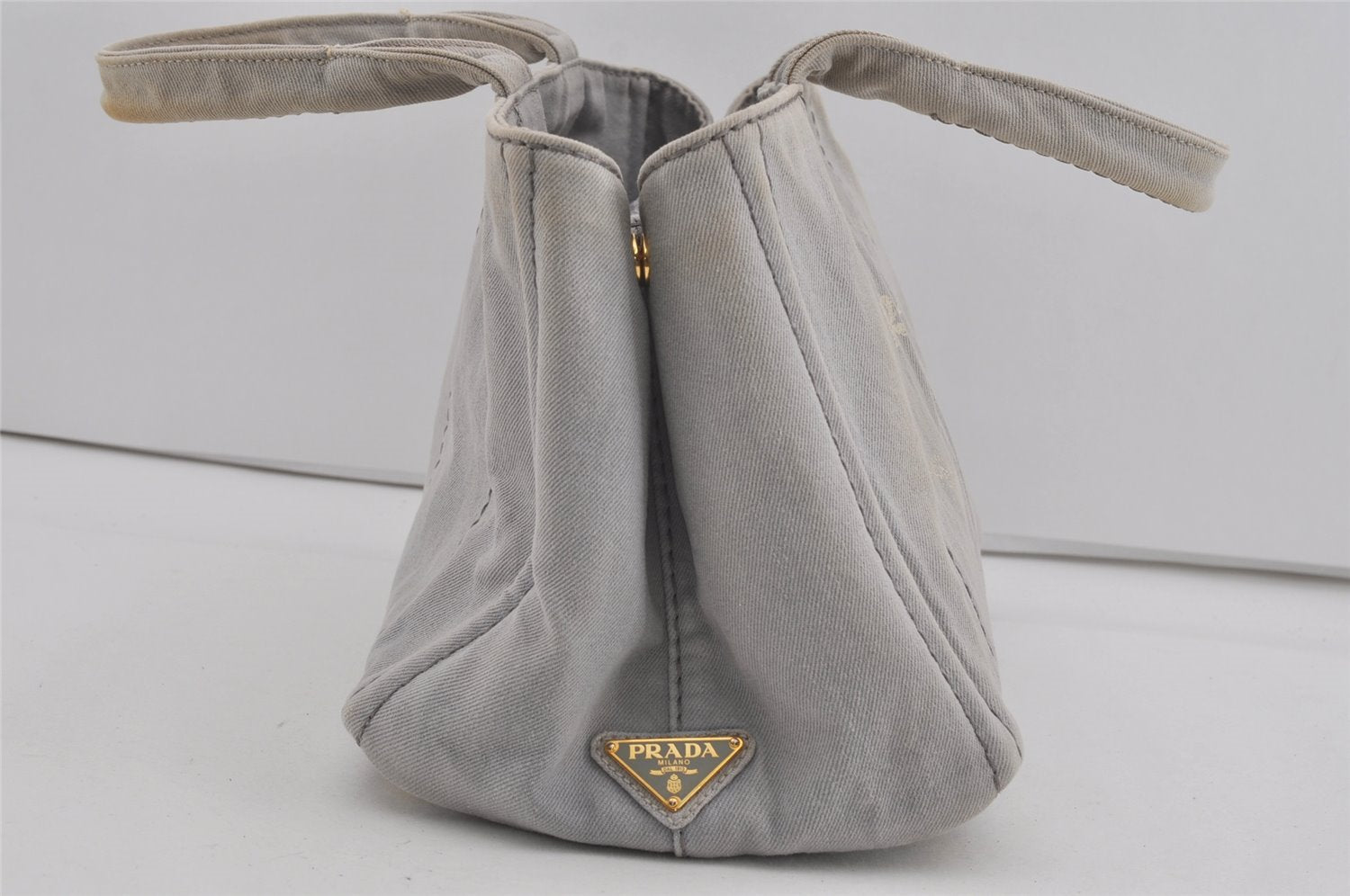 Authentic PRADA Canapa M Vintage Denim Tote Hand Bag Light Gray 2522I