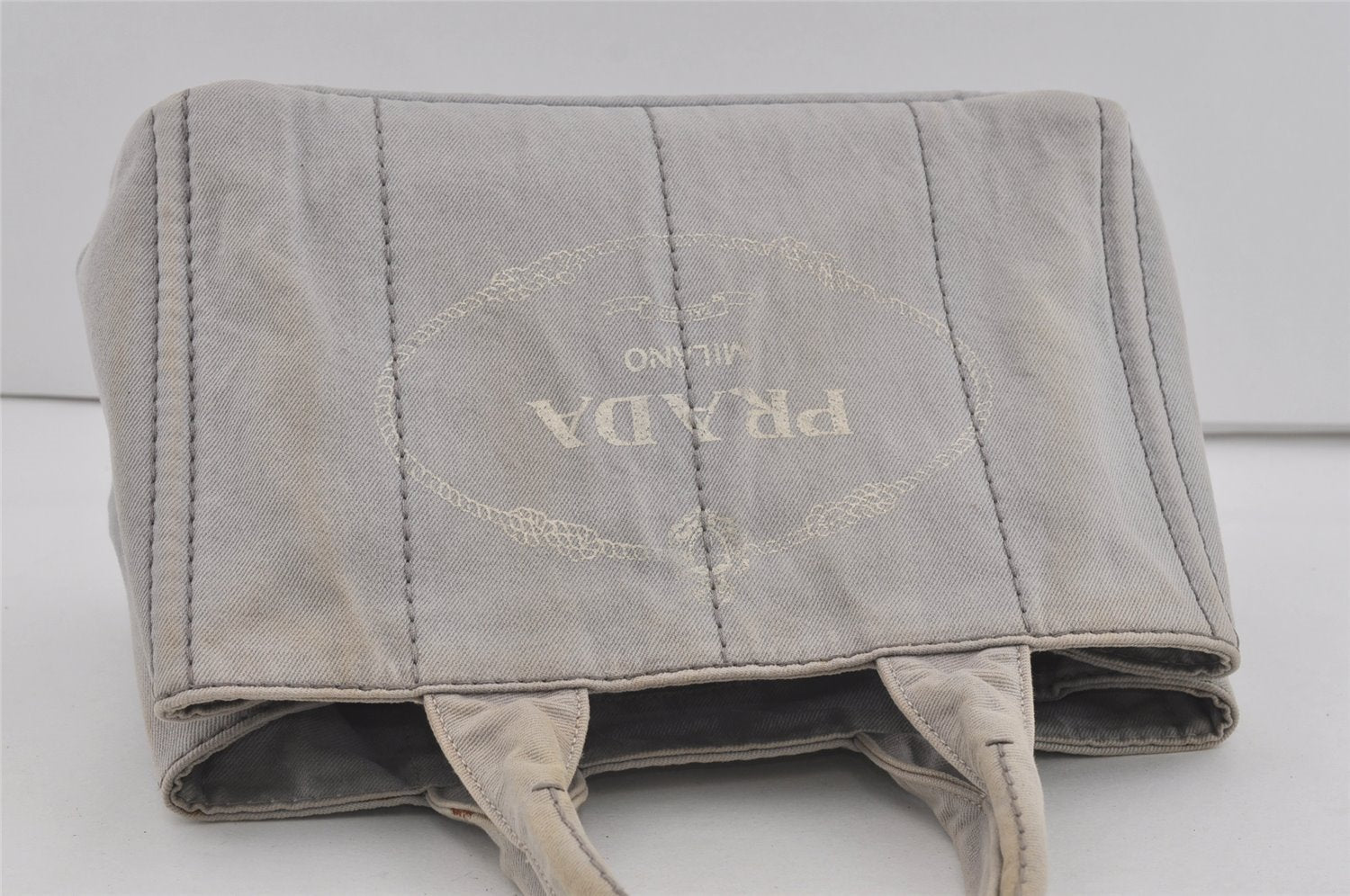 Authentic PRADA Canapa M Vintage Denim Tote Hand Bag Light Gray 2522I