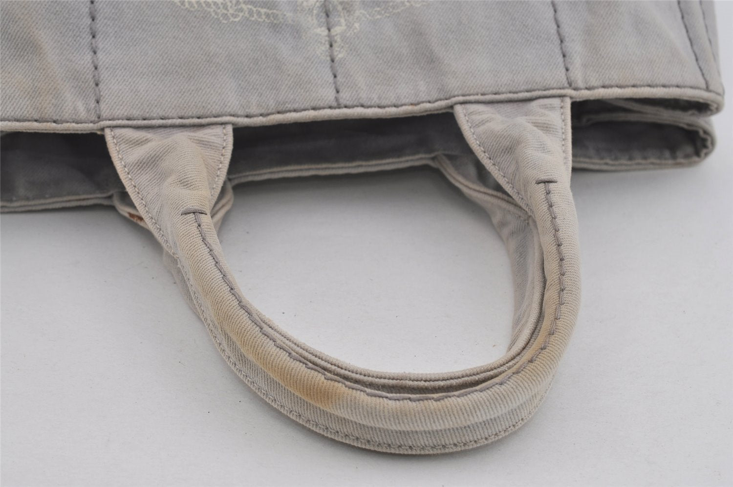Authentic PRADA Canapa M Vintage Denim Tote Hand Bag Light Gray 2522I