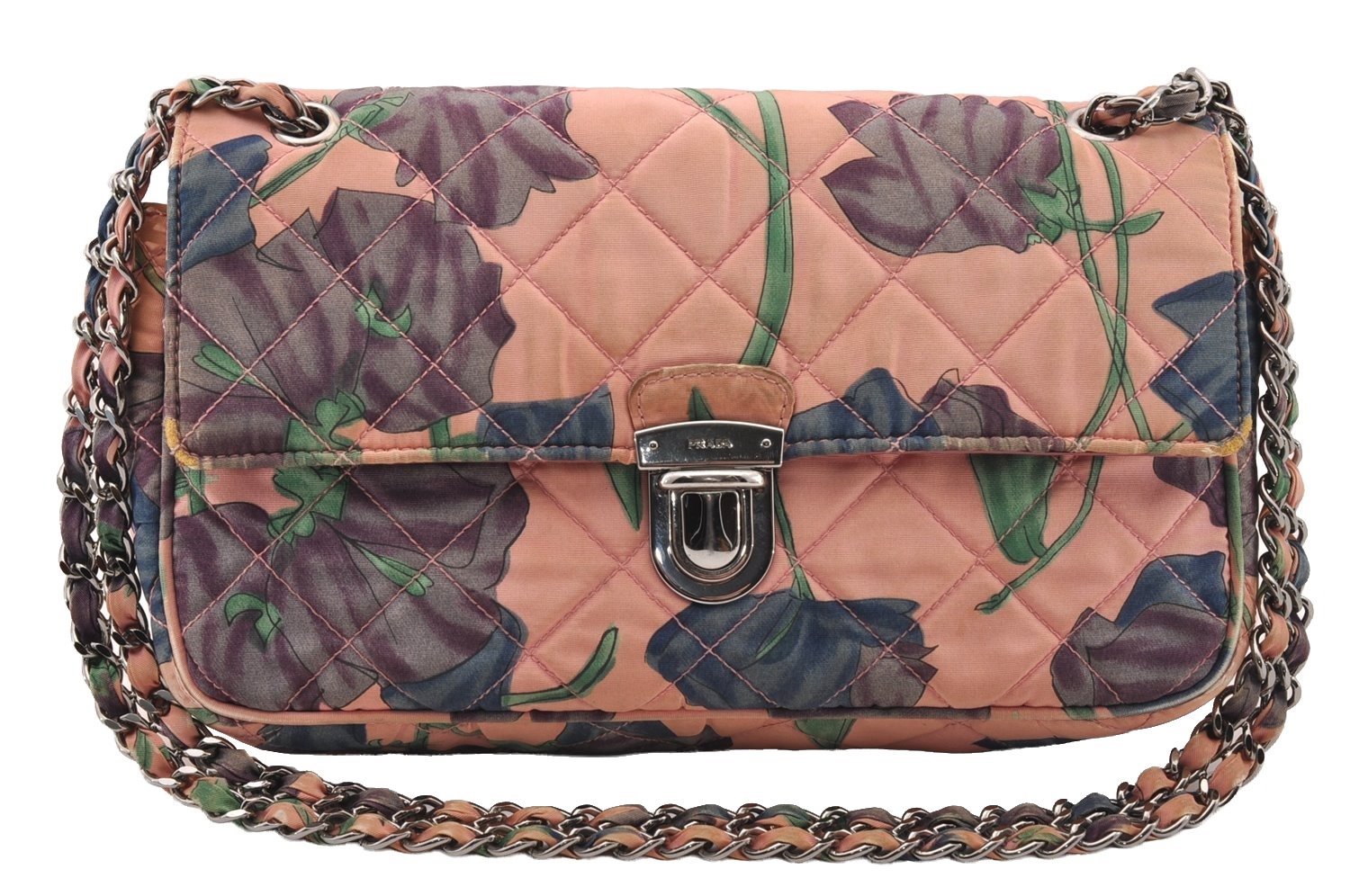 Authentic PRADA Flower Nylon Tessuto Saffiano Leather Shoulder Bag Pink 2528I