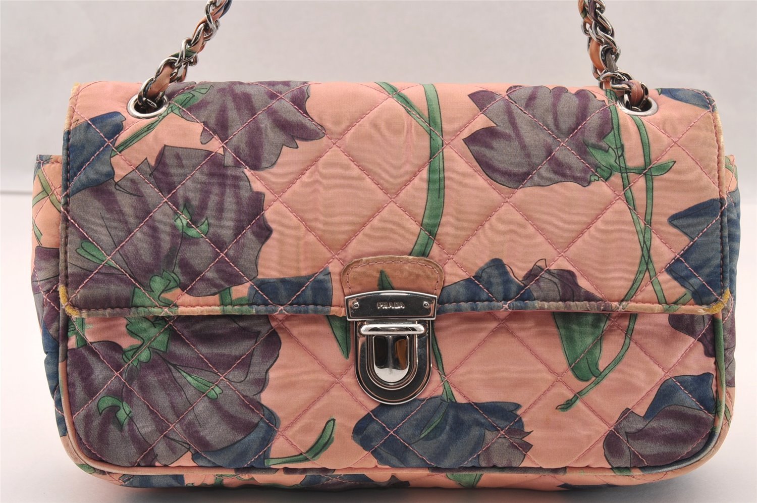 Authentic PRADA Flower Nylon Tessuto Saffiano Leather Shoulder Bag Pink 2528I