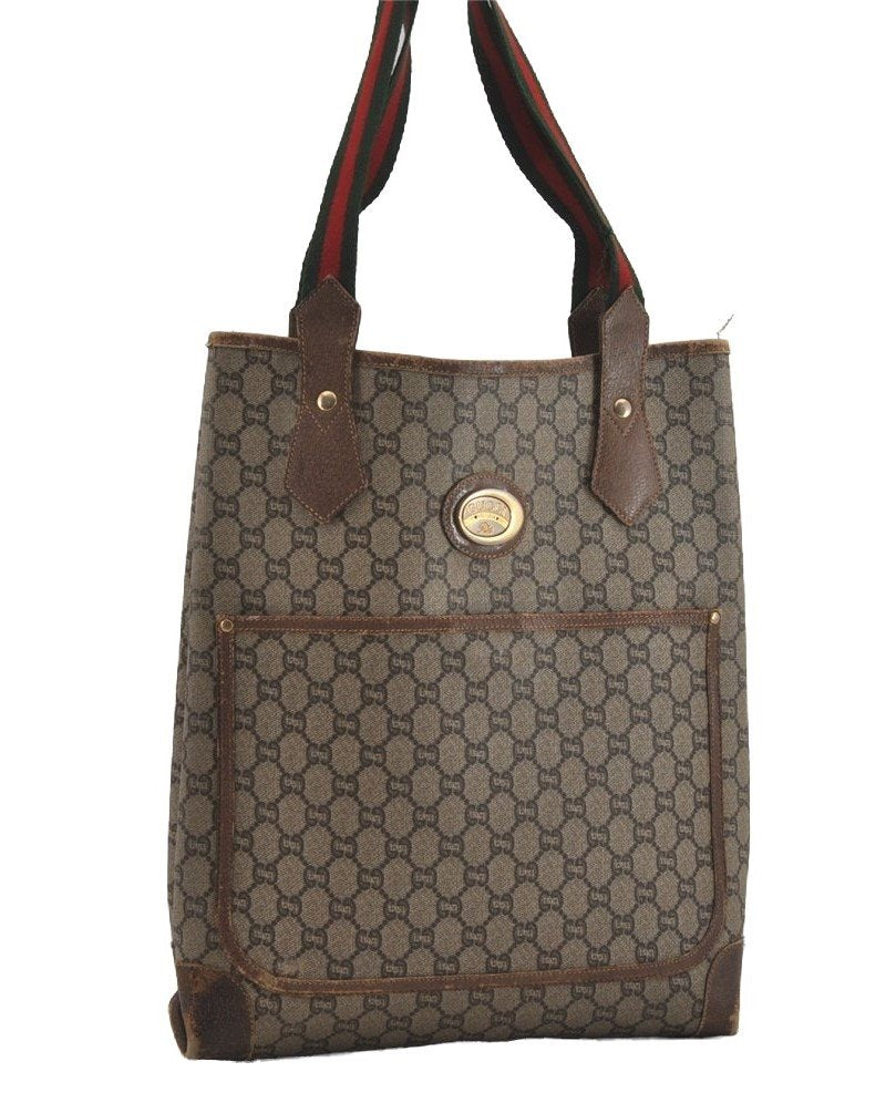 Authentic GUCCI Web Sherry Line GG Plus Vintage Tote Bag PVC Leather Brown 2533I