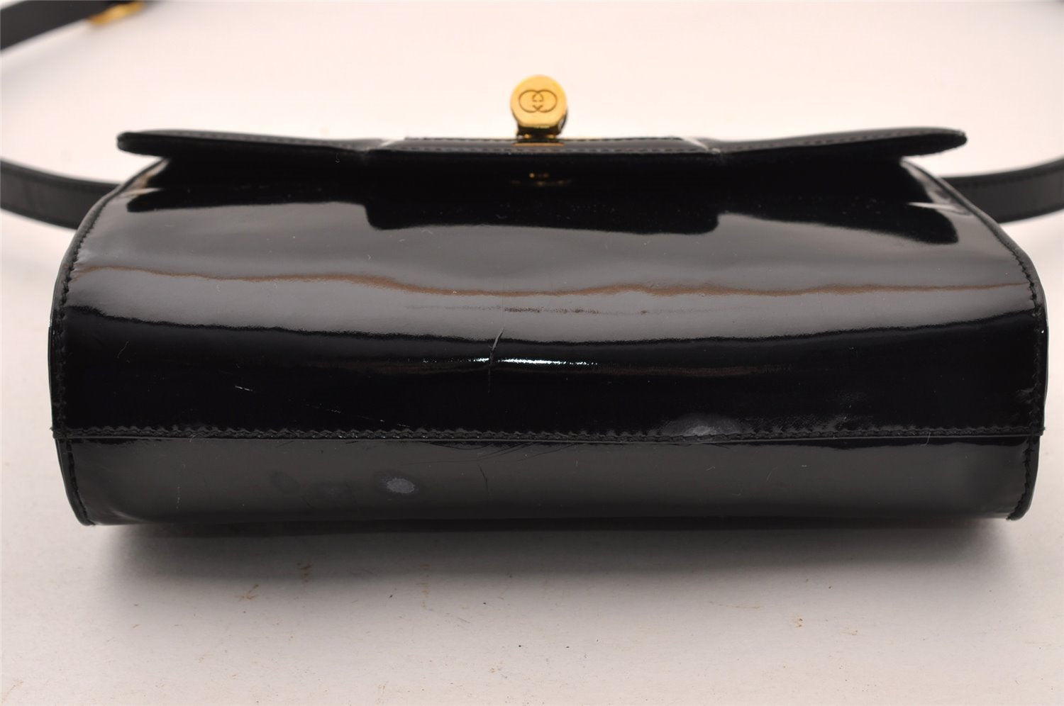 Authentic Vintage GUCCI Shoulder Cross Body Bag Purse Enamel Leather Black 2537I