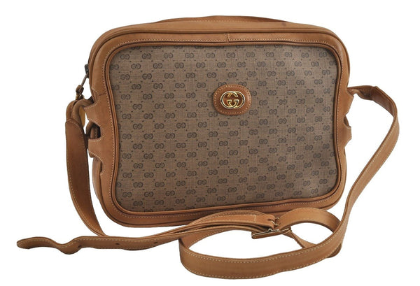 Authentic GUCCI Web Sherry Line Micro GG Shoulder Bag PVC Leather Brown 2538I