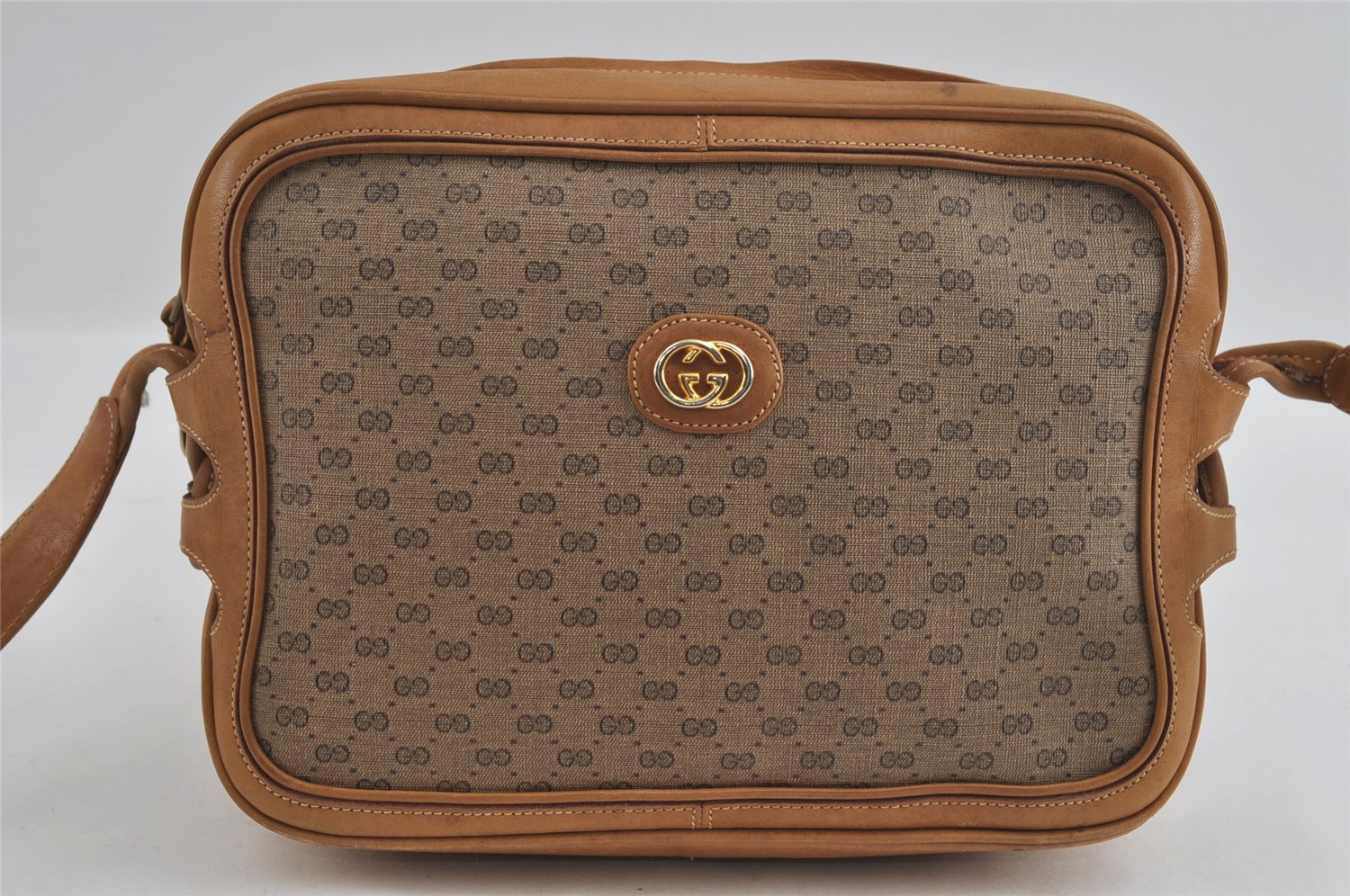 Authentic GUCCI Web Sherry Line Micro GG Shoulder Bag PVC Leather Brown 2538I