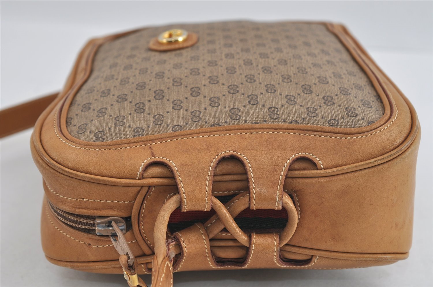 Authentic GUCCI Web Sherry Line Micro GG Shoulder Bag PVC Leather Brown 2538I
