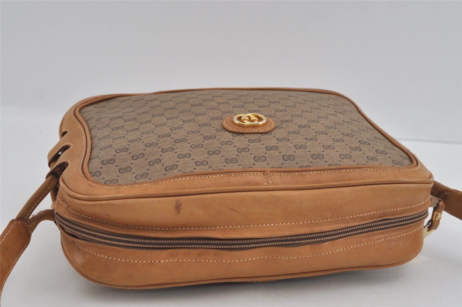 Authentic GUCCI Web Sherry Line Micro GG Shoulder Bag PVC Leather Brown 2538I