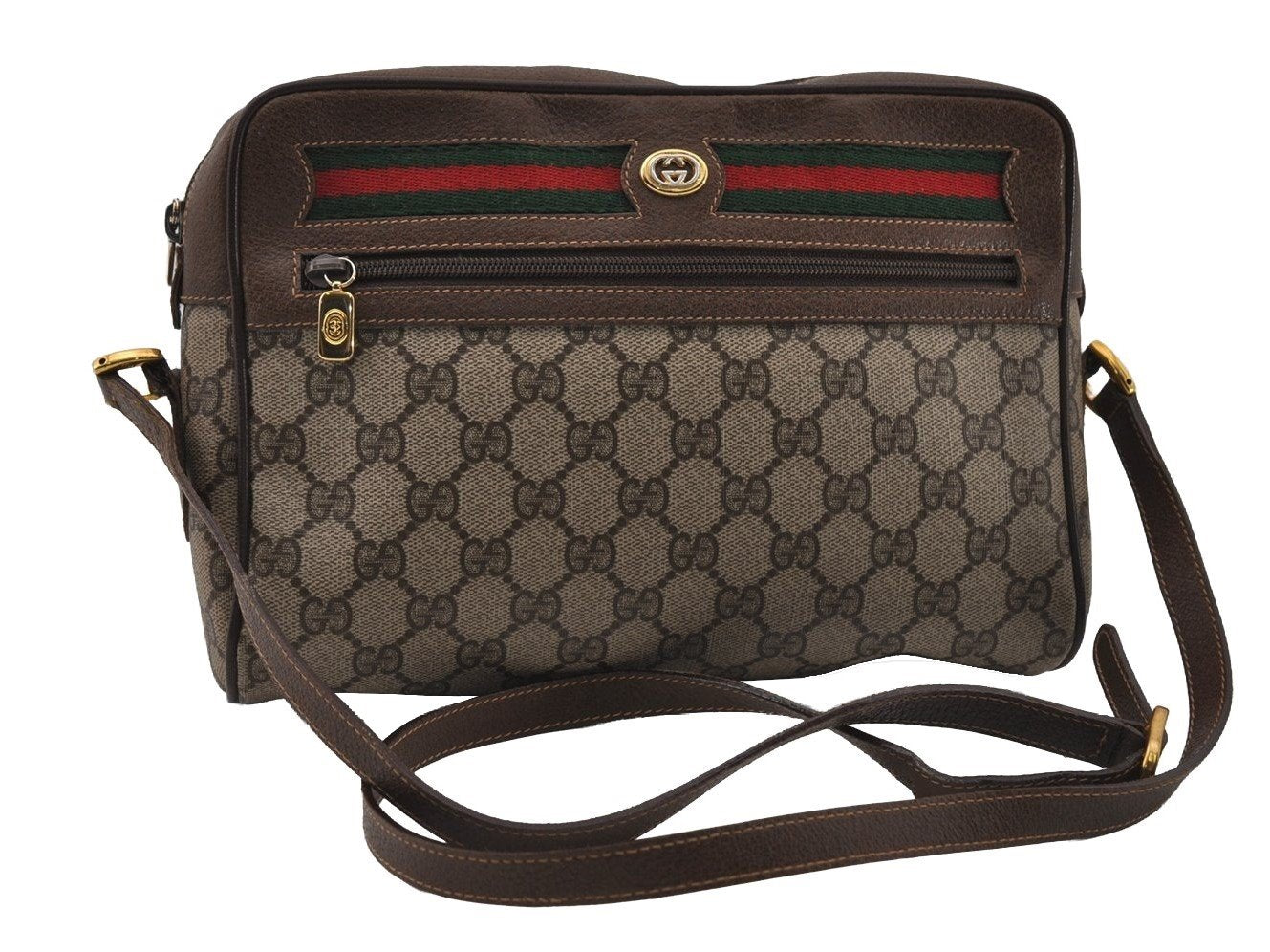 Authentic GUCCI Web Sherry Line Shoulder Cross Bag GG PVC Leather Brown 2549I