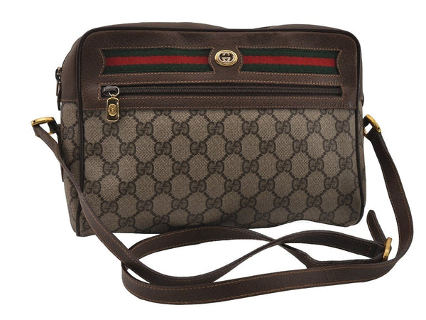 Authentic GUCCI Web Sherry Line Shoulder Cross Bag GG PVC Leather Brown 2549I
