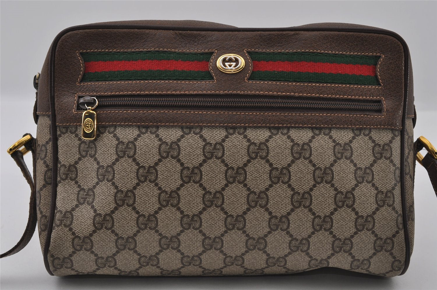 Authentic GUCCI Web Sherry Line Shoulder Cross Bag GG PVC Leather Brown 2549I
