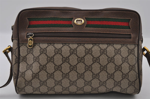 Authentic GUCCI Web Sherry Line Shoulder Cross Bag GG PVC Leather Brown 2549I