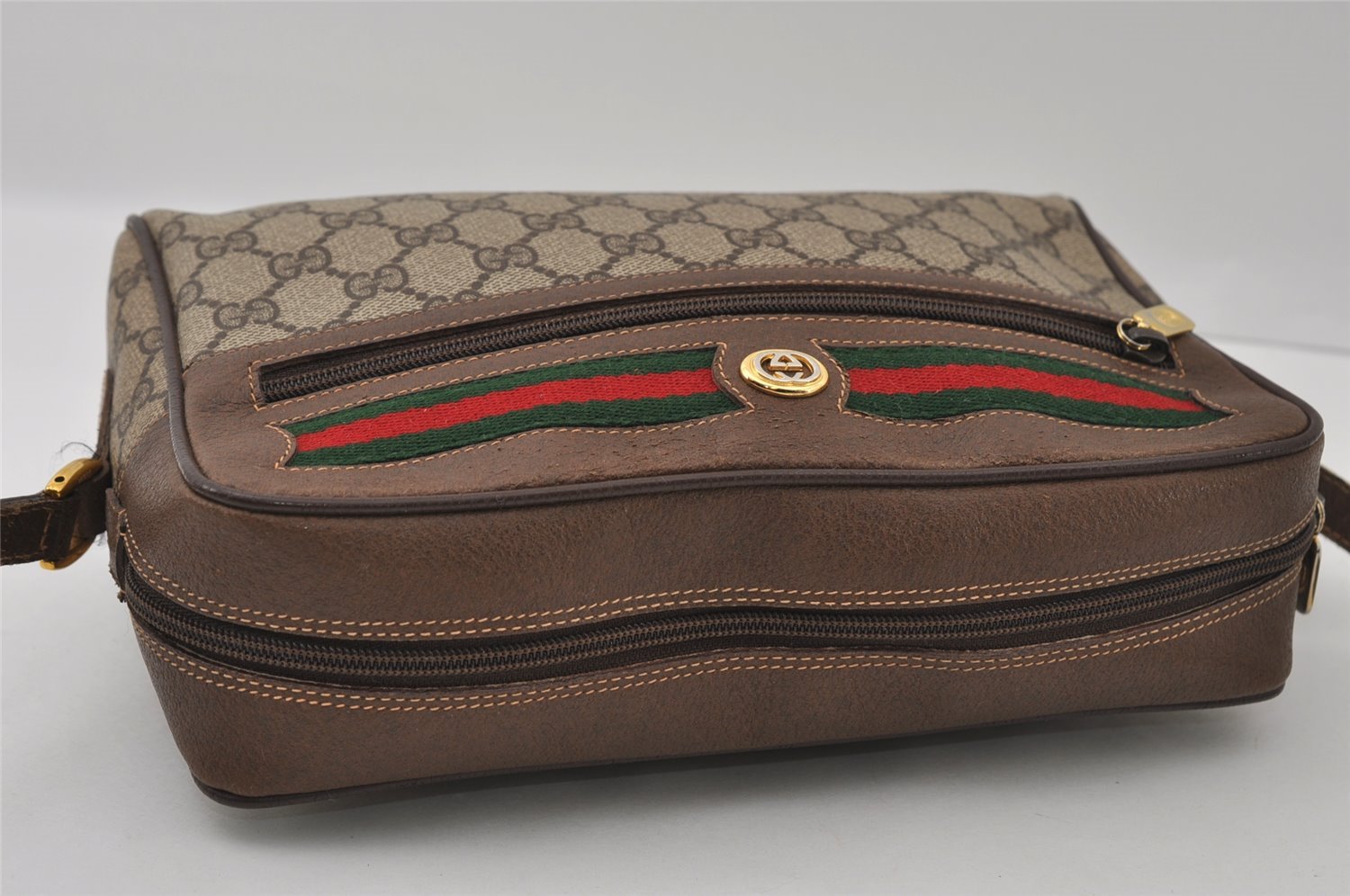Authentic GUCCI Web Sherry Line Shoulder Cross Bag GG PVC Leather Brown 2549I