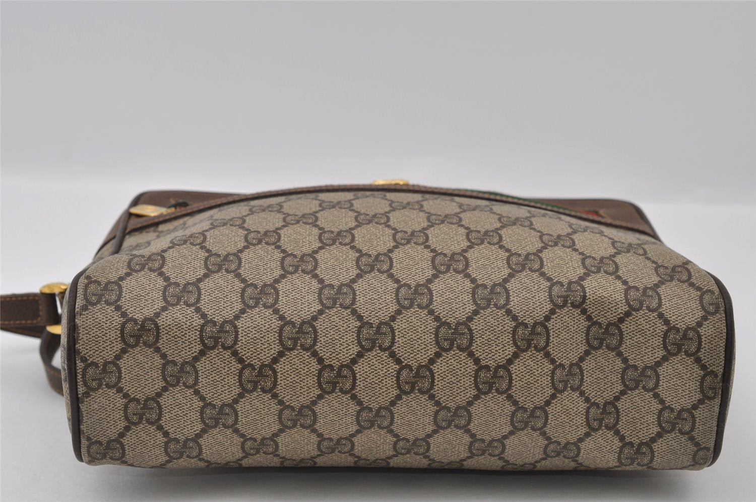Authentic GUCCI Web Sherry Line Shoulder Cross Bag GG PVC Leather Brown 2549I