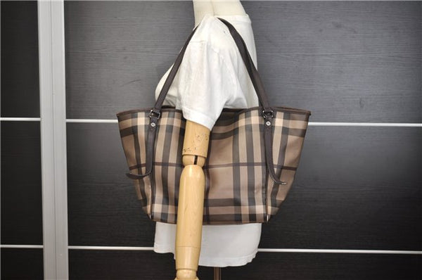 Authentic BURBERRY Vintage Check Shoulder Tote Bag PVC Leather Brown 2557F