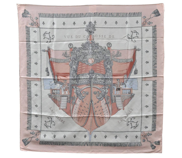 Authentic HERMES Carre 90 Scarf "VUE DU CAROSSE DE LA GALERE" Silk Pink 2571C