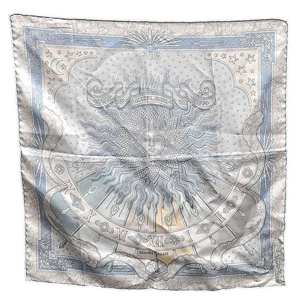 Auth HERMES Petit Carre 40 Scarf Handkerchief "CARPE DIEM" Silk Light Blue 2575E