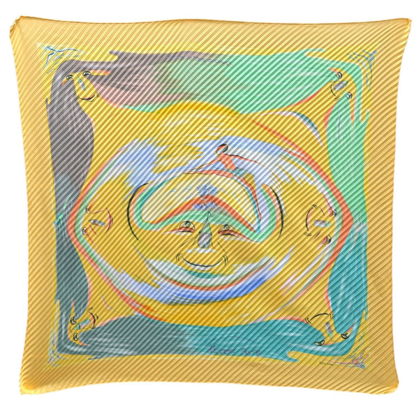 Authentic HERMES Pleats Scarf "Smiles in Third millenary" Silk Yellow Box 2576E