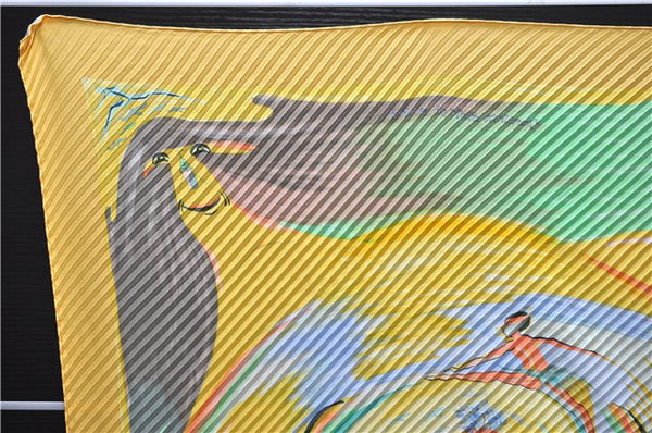 Authentic HERMES Pleats Scarf "Smiles in Third millenary" Silk Yellow Box 2576E