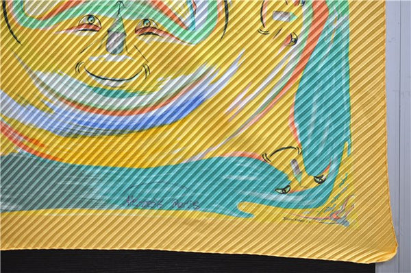 Authentic HERMES Pleats Scarf "Smiles in Third millenary" Silk Yellow Box 2576E