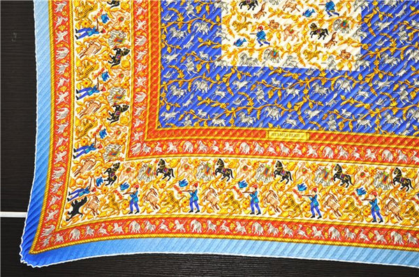 Authentic HERMES Pleats Scarf "CHASSE EN INDE" Silk Light Blue Box 2581E