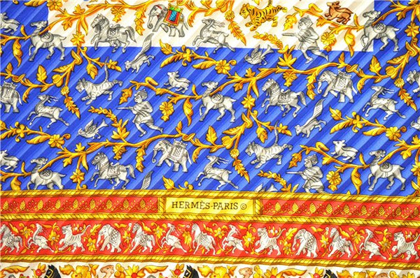 Authentic HERMES Pleats Scarf "CHASSE EN INDE" Silk Light Blue Box 2581E