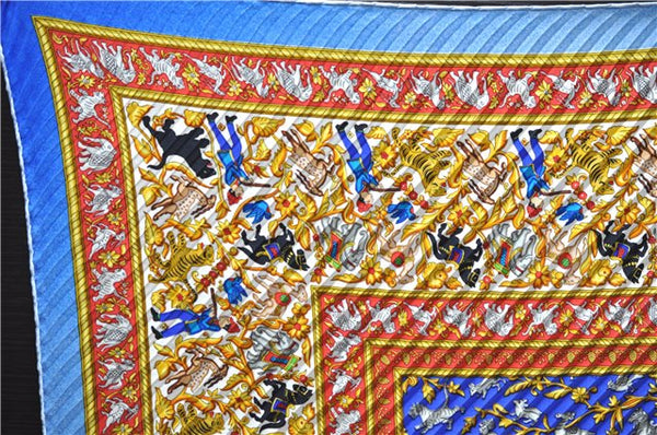 Authentic HERMES Pleats Scarf "CHASSE EN INDE" Silk Light Blue Box 2581E