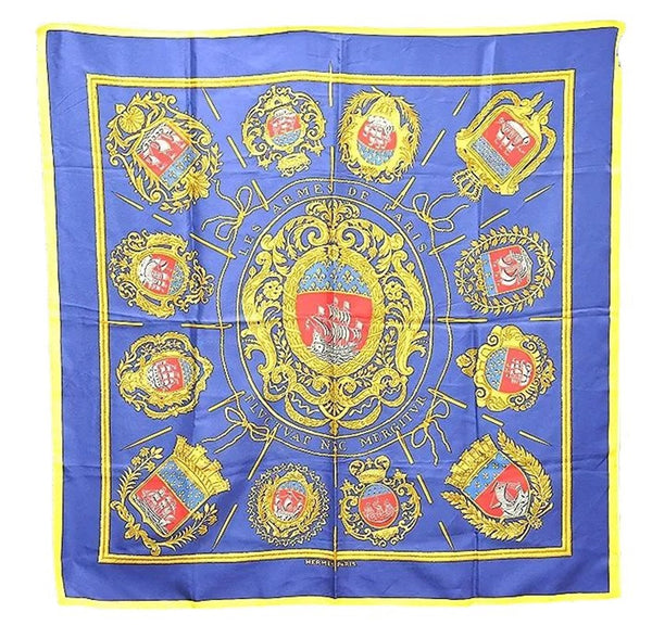 Authentic HERMES Carre 90 Scarf "LES ARMES DE PARIS FLVCTVAT" Silk Yellow 2583E