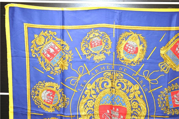 Authentic HERMES Carre 90 Scarf "LES ARMES DE PARIS FLVCTVAT" Silk Yellow 2583E