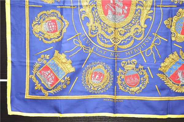 Authentic HERMES Carre 90 Scarf "LES ARMES DE PARIS FLVCTVAT" Silk Yellow 2583E