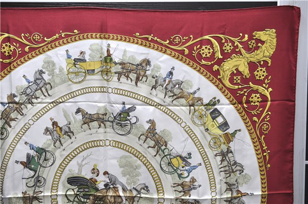 Authentic HERMES Carre 90 Scarf "LA PROMENADE DE LONGCHAMPS" Silk Red 2585E