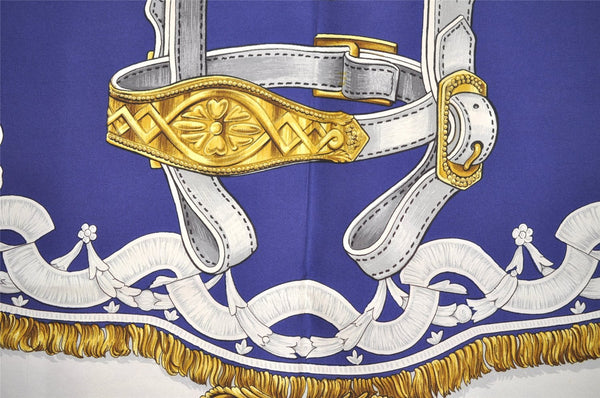 Authentic HERMES Carre 90 Scarf "BRIDE DE COUR" Silk Navy 2587I