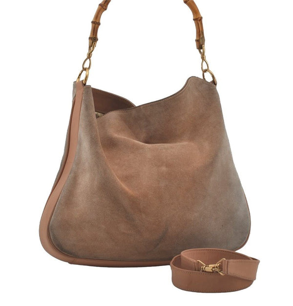 Authentic GUCCI Vintage Bamboo Shoulder Tote Bag Suede Leather Beige Junk 2593I