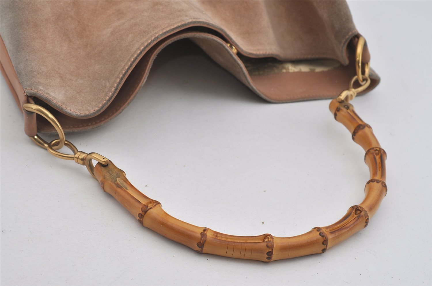 Authentic GUCCI Vintage Bamboo Shoulder Tote Bag Suede Leather Beige Junk 2593I