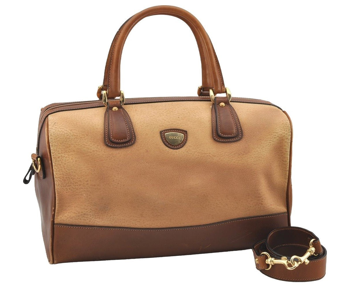 Authentic GUCCI Vintage 2Way Shoulder Hand Boston Bag Leather Brown 2599I
