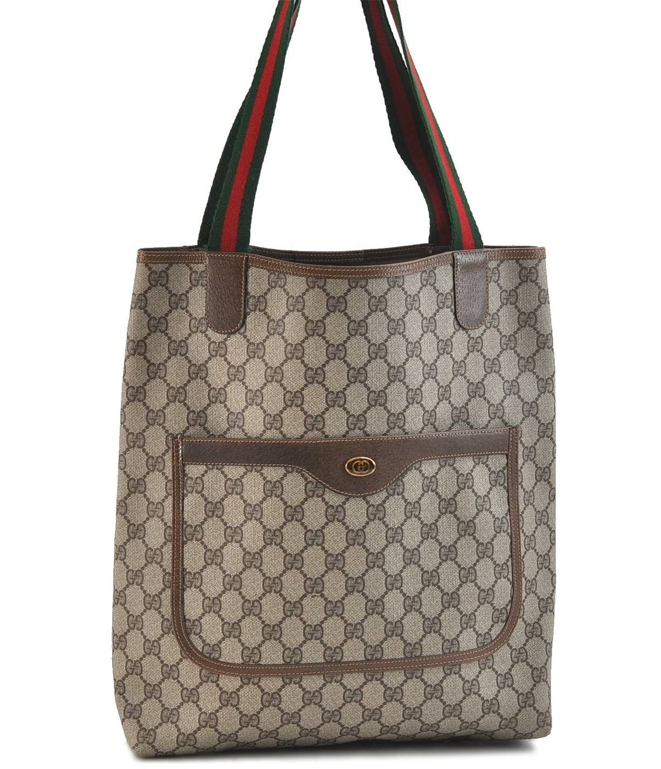 Authentic GUCCI Web Sherry Line Shoulder Tote Bag GG PVC Leather Brown 2601D