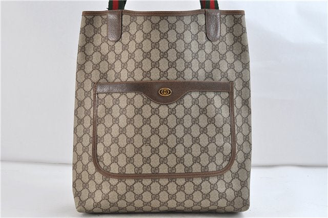 Authentic GUCCI Web Sherry Line Shoulder Tote Bag GG PVC Leather Brown 2601D