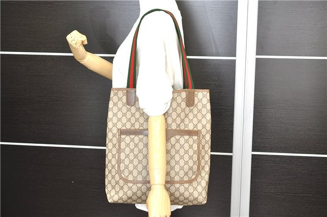 Authentic GUCCI Web Sherry Line Shoulder Tote Bag GG PVC Leather Brown 2601D