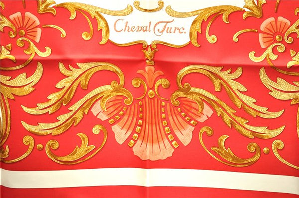 Authentic HERMES Carre 90 Scarf "Cheval Turc" Silk Red Box 2606E