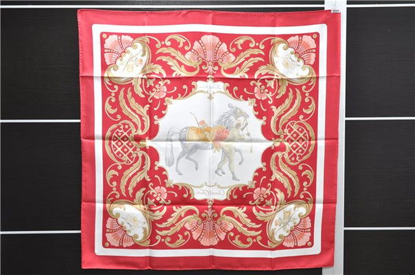 Authentic HERMES Carre 90 Scarf "Cheval Turc" Silk Red Box 2606E